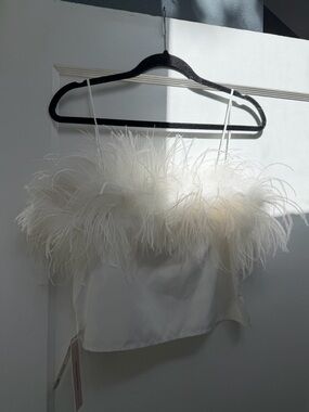 Aqua White Feather-Trim Satin Cami